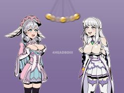 2girls 4headboiii absurdres breasts cleavage emilia_(re:zero) gloves hair_ornament head_wings highres hypnosis melia_antiqua mind_control multiple_girls open_mouth purple_background re:zero_kara_hajimeru_isekai_seikatsu silver_hair simple_background skirt wings x_hair_ornament xenoblade_chronicles_(series) xenoblade_chronicles_1