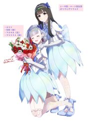 2girls :d ^_^ amaryllis_(flower) anemone_(flower) animification aurora_flower_(love_live!) black_hair blue_shoes blue_skirt bouquet brown_eyes bug butterfly butterfly_hair_ornament center-flap_bangs closed_eyes colored_inner_hair commentary_request elbow_gloves fake_wings flower flower_stand_art full_body gloves grey_hair hair_ornament hairband hand_on_another&#039;s_shoulder high_heels highres holding holding_bouquet insect kneeling link!_like!_love_live! long_hair love_live! multicolored_hair multiple_girls open_mouth over-kneehighs pink_thighhighs plant_name pleated_skirt quince_flower real_life red_flower red_hair sakari_(pear_8_ll) sasaki_kotoko shirt shoes short_hair short_sleeves skirt smile standing streaked_hair thighhighs translation_request virtual_graduation_commemoration virtual_youtuber voice_actor voice_actor_connection white_flower white_gloves white_hairband white_shirt wings yugiri_tsuzuri