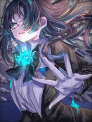 1girl ado_(utaite) black_coat blue_flower blue_hair blue_rose chando_(ado) coat collared_shirt commentary_request dress_shirt eyes_visible_through_hair flower gloves hair_over_one_eye long_hair long_sleeves looking_at_viewer open_clothes open_coat rose shirt solo utaite white_gloves white_hair white_shirt yowai401