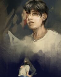 1boy black_hair crying crying_with_eyes_open ducking hair_between_eyes macaronijail male_focus multiple_views oldest_dream omniscient_reader&#039;s_viewpoint open_mouth painting_(object) shirt short_hair size_difference smeared_blood tears torn_paper upper_body walking white_shirt