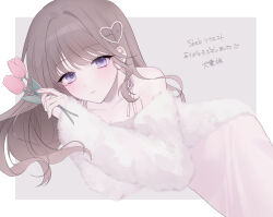 1girl absurdres bare_shoulders blush border breasts brown_hair cleavage collarbone commentary_request commission flower fur_sweater grey_background hair_ornament hairclip heart heart_hair_ornament highres holding holding_flower kumo_tabetai long_hair long_sleeves looking_at_viewer lying on_side original parted_lips pink_flower pink_skirt pink_tulip purple_eyes simple_background skirt solo strap sweater teeth tulip white_border white_sweater