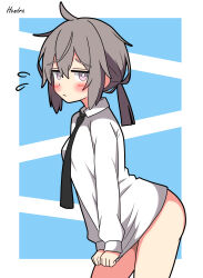 1girl absurdres ahoge ass black_necktie blue_background blush border collared_shirt commentary_request cowboy_shot double-parted_bangs flying_sweatdrops from_side girls&#039;_frontline grey_hair hair_between_eyes hendra highres leaning_forward long_sleeves looking_at_viewer low_ponytail m200_(girls&#039;_frontline) necktie no_jacket no_pants outside_border ponytail pout purple-tinted_eyewear shirt sidelocks signature simple_background solo tinted_eyewear white_border white_shirt