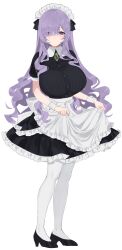 Rule 34 | 1girl, apron, black dress, black shoes, breasts, brooch, button dress, collared dress, commentary, curly hair, dress, eurasia (wtp09ptw14), flipped sidelocks, francoise (eurasia), frilled apron, frilled dress, frilled headwear, frills, full body, green brooch, hair over one eye, high heels, highres, jewelry, large breasts, long hair, long sleeves, maid, maid apron, maid day, maid headdress, original, pantyhose, parted bangs, puffy short sleeves, puffy sleeves, purple eyes, purple hair, shoes, short sleeves, simple background, skirt hold, solo, standing, striped clothes, striped dress, vertical-striped clothes, vertical-striped dress, very long hair, white apron, white background, white pantyhose