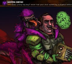 1boy :d armor brown_hair cigar commentary deep_rock_galactic doretta_(deep_rock_galactic) english_commentary english_text game_screenshot_inset glyphid_web_spitter green_eyes grin gunner_(deep_rock_galactic) highres joe_duncan long_tongue male_focus meme monster no_way_fag_(meme) open_mouth pointy_ears pouch sharp_teeth smile speech_bubble teeth tongue upper_body