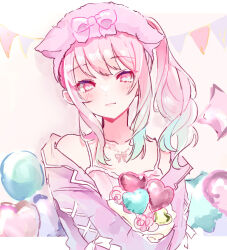 1other akiyama_mizuki androgynous animal_ears asagimu_(tsuktsuk) balloon blue_hair fake_animal_ears heart_balloon holding holding_balloon jacket jacket_on_shoulders long_hair long_sleeves looking_at_viewer mini_balloon multicolored_hair official_alternate_costume pajamas pastel_colors pink_hair pink_pajamas pink_theme project_sekai purple_jacket side_ponytail solo soshite_ima_ribbon_wo_musunde_(project_sekai) star_balloon wavy_hair