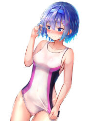1girl blue_eyes blue_hair blush cevio competition_swimsuit embarrassed lukky_clover one-piece_swimsuit short_hair suzuki_tsudumi swimsuit tagme