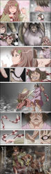 2girls absurdres alternate_eye_color angry animal_ears attack barefoot battle black_hair brown_eyes brown_hair brown_shirt carrot_necklace checkered_clothes checkered_scarf comic dead_animal death defeat dress evil_smile finger_in_own_mouth futatsuiwa_mamizou futatsuiwa_mamizou_(human) genderswap genderswap_(ftm) geta glasses grabbing grappler_baki grey_background hair_between_eyes hair_ornament hangetsuban_sonshou highres inaba_tewi jewelry kine laughing leaf leaf_hair_ornament leaf_on_head licking licking_finger long_skirt long_sleeves mallet manly maroon_skirt motion_lines multiple_girls muscular necklace one_eye_closed orange_eyes panties parody pince-nez pink_dress pink_panties pointing rabbit rabbit_ears raccoon_ears raccoon_tail scarf shaded_face shirt short_hair skirt smile smirk smoke style_parody style_request tabi tail teeth touhou transformation translation_request underwear white_legwear white_panties wide_sleeves