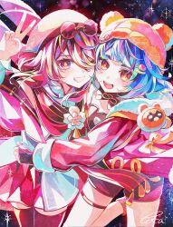 2girls beret blue_hair braid brown_eyes brown_thighhighs commentary_request dark_blue_hair detached_sleeves dress eyewear_on_head flower-shaped_pupils fur_trim genshin_impact grin hair_ornament hairpin hat highres hu_tao_(cherries_snow-laden)_(genshin_impact) hu_tao_(genshin_impact) jacket knee_up long_hair long_sleeves looking_at_viewer medium_hair multiple_girls official_alternate_costume one_eye_closed open_mouth pleated_skirt red_eyes red_jacket red_skirt signature skirt smile sunglasses symbol-shaped_pupils teeth thigh_strap thighhighs touka_(pixiv71609120) upper_body upper_teeth_only v white_dress xiangling_(genshin_impact) xiangling_(new_year&#039;s_cheer)_(genshin_impact) yellow_eyes yellow_hat zettai_ryouiki