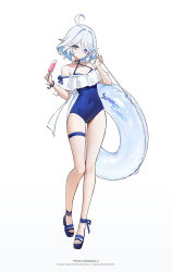 1girl aamoooon_e absurdres alternate_costume black_sandals blue_eyes blue_one-piece_swimsuit breasts commentary covered_navel cowlick criss-cross_halter drop-shaped_pupils food full_body furina_(genshin_impact) genshin_impact halterneck heterochromia highres holding holding_food holding_popsicle holding_swim_ring innertube one-piece_swimsuit popsicle sandals short_hair simple_background small_breasts smile solo swim_ring swimsuit symbol-only_commentary symbol-shaped_pupils thigh_strap wavy_hair white_background white_hair