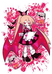 1girl bat_(animal) bat_wings black_nails bow colored_skin dress funamusea funamusea_(artist) haiiro_teien heart jack-o&#039;-lantern jar long_hair nail_polish official_art paint paint_on_clothes paint_on_fingers paint_splatter pink_bow pink_eyes pink_hair pointy_ears ponytail pumpkin rawberry_preserves shoes solo splatter_background white_skin wings