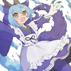 1girl blue_hair claws dragon_girl dragon_horns dragon_tail dragonmaid_nudyarl duel_monster fang highres horns kokodari laundry_dragonmaid maid smile solo tail transformation wa_maid water white_background yellow_eyes yu-gi-oh!