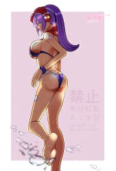Rule 34 | 1girl, ass, bikini, black bikini, border, breasts, butt crack, from behind, green eyes, high ponytail, highleg, highleg bikini, highres, large breasts, layer (mega man), long hair, mega man (series), mega man x (series), pink background, ponytail, purple hair, rikka (user hruv2435), robot girl, signature, simple background, solo, swimsuit, twitter username, undersized breast cup, water drop, watermark, white border