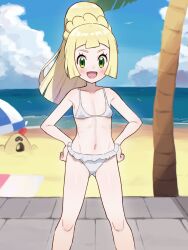 1girl :d beach_towel bikini blonde_hair chiwino cloud collarbone commentary_request day gen_7_pokemon green_eyes hands_on_own_hips happy highres knees large_variant_set lillie_(pokemon) long_hair looking_at_viewer nintendo open_mouth outdoors palm_tree pokemon pokemon_(anime) pokemon_(creature) pokemon_sm_(anime) sand sandygast shore sky smile standing swimsuit towel tree variant_set water white_bikini