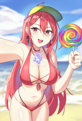 1girl absurdres beach bikini blue_fire blue_sky breasts candy cleavage cloud day earrings elizabeth_rose_bloodflame fire food front-tie_bikini_top front-tie_top hat highres holding holding_candy holding_food holding_lollipop hololive hololive_english jewelry large_breasts lollipop multi-strapped_bikini_bottom navel ocean propeller_hat red_bikini red_eyes red_hair red_nails rooby_n sky smile solo swimsuit swirl_lollipop