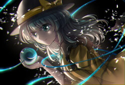 Rule 34 | 1girl, backlighting, black background, black hat, bow, collar, frilled collar, frills, green eyes, green hair, grey collar, hat, hat bow, komeiji koishi, light particles, light smile, long hair, long sleeves, motion blur, shirt, solo, third eye, touhou, yellow bow, yellow shirt, zukapin