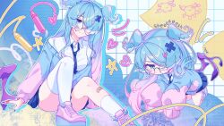 1girl bandage_on_finger bandaid bandaid_on_leg blue_eyes blue_hair blue_necktie blue_skirt elira_pendora floating glasses gradient_hair hair_over_one_eye head_wings highres long_hair low_wings mismatched_socks mu_ank multicolored_hair multiple_hair_clips necktie nijisanji nijisanji_en pink_hair pink_shoes shoes skirt smug socks stitched_sleeves white_socks wings wings_on_shoes