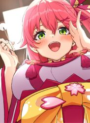 1girl bell blush bow breasts ceiling ceiling_light from_below gakuon_(gakuto) green_eyes hair_bell hair_between_eyes hair_bow hair_ornament hairclip hands_up highres holding hololive indoors japanese_clothes kimono large_breasts long_hair long_sleeves looking_at_viewer looking_down mimikaki nontraditional_miko obi one_side_up open_mouth pink_hair sakura_miko sakura_miko_(1st_costume) sash smile solo teeth tongue upper_teeth_only virtual_youtuber white_kimono wide_sleeves wooden_ceiling x_hair_ornament yellow_bow yellow_sash