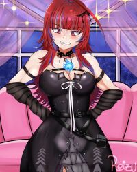 Rule 34 | 1girl, ahoge, arm strap, black arm warmers, black choker, black dress, blue fire, blue hair, blush, breasts, choker, cleavage, commentary, cosplay, dress, elizabeth rose bloodflame, english commentary, fire, fire on chest, highres, hololive, hololive english, indoors, large breasts, leizu02, long hair, multicolored hair, red eyes, red hair, ribbon, shiori novella, shiori novella (1st costume), shiori novella (cosplay), solo, striped arm warmers, sweatdrop, virtual youtuber, white ribbon, window