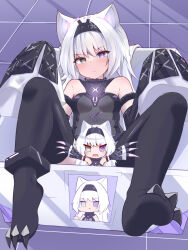 animal_ears armlet bare_shoulders black_bodysuit black_hairband black_sleeves black_thighhighs bodysuit box breasts chibi claws detached_sleeves grey_eyes grey_hair grey_sleeves hair_intakes hairband heterochromia highres in_box in_container jewelry layered_sleeves ling_yi_i long_hair looking_at_viewer middle_finger mismatched_pupils no._21:_feral_scent_(pgr) no._21_(pgr) punishing:_gray_raven purple_eyes sidelocks sleeveless sleeveless_bodysuit sleeves_past_fingers sleeves_past_wrists small_breasts symbol-shaped_pupils thighhighs white_hair wolf_ears