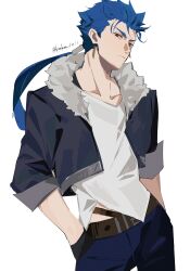 1boy artist_name belt belt_buckle black_gloves black_jacket blue_hair blue_pants brown_belt buckle closed_mouth cowboy_shot cropped_jacket cu_chulainn_(fate) cu_chulainn_(honkai:_star_rail)_(fate) earrings fate/stay_night fate_(series) frown fur-trimmed_jacket fur_trim gloves hair_slicked_back hands_in_pockets highres honkai:_star_rail honkai_(series) jacket jewelry kon_(konkon_1011) long_hair looking_at_viewer low_ponytail male_focus necklace open_clothes open_jacket pants ponytail red_eyes shirt signature simple_background solo twitter_username white_background white_shirt