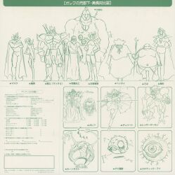 1990s_(style) 1girl 6+boys absurdres armlet bead_necklace beads breasts cape character_name character_request circlet constricted_pupils copyright_name copyright_notice creature crystal_earrings dagger earrings facial_hair fang fantasy fur_trim galef_kainzart gloves gold_teeth grin hands_on_own_hips headband highres jewelry knife logo long_hair looking_at_viewer mature_female mature_male monochrome multiple_boys mustache necklace non-web_source official_art open_mouth parted_lips pointing pointing_at_viewer reference_sheet retro_artstyle sarina_(slayers) scan size_comparison skull_necklace slayers slayers_return smile spiked_pauldrons sword weapon