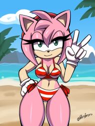 1girl amy_rose beach bikini breasts curvy eyelashes green_eyes hairband half-closed_eyes hand_gesture hand_on_own_hip hedgehog_girl looking_at_viewer medium_breasts midriff bad_tag navel ocean palm_tree pink_hair renaspyro sand smile sonic_(series) standing swimsuit thighs tree v　sign