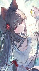 1girl animal_ears bikini black_hair cat_ears cat_girl cat_tail closed_mouth commission dress eshi_100_nin_ten flower food frills hair_flower hair_ornament hair_ribbon holding holding_food long_hair long_sleeves looking_at_viewer looking_back ningen_mame original red_eyes ribbon signature sitting solo swimsuit tail very_long_hair water white_dress white_ribbon