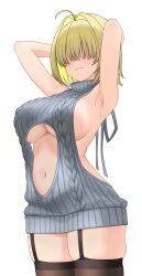 Rule 34 | 1girl, absurdres, ahoge, aran sweater, armpits, arms behind head, arms up, backless outfit, bare arms, bare shoulders, blonde hair, blush, breasts, brown thighhighs, cable knit, closed mouth, clothing cutout, colored inner hair, commentary, covered eyes, cowboy shot, dress, elegg (nikke), feichu keju, garter straps, goddess of victory: nikke, grey dress, grey sweater, hair intakes, hair over eyes, highres, large breasts, meme attire, multicolored hair, navel, presenting armpit, ribbed sweater, short hair, sideboob, simple background, skindentation, smile, solo, standing, stomach, stomach cutout, sweat, sweater, sweater dress, thighhighs, transparent background, turtleneck, turtleneck sweater, two-tone hair, underboob, virgin killer sweater, zettai ryouiki