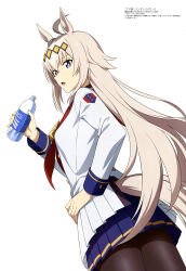 Rule 34 | 1girl, absurdres, ahoge, animal ears, artist request, black pantyhose, blue eyes, bottle, collared shirt, copyright name, copyright notice, from below, grey hair, hair between eyes, hand on own hip, highres, holding, holding bottle, horse ears, horse girl, horse tail, long hair, long sleeves, looking at viewer, looking down, magazine scan, megami magazine, miniskirt, necktie, official art, oguri cap (umamusume), open mouth, pantyhose, pleated skirt, purple skirt, red necktie, scan, shirt, sidelocks, simple background, skirt, solo, standing, tail, umamusume, umamusume: cinderella gray, white background, white shirt
