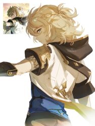 1boy albedo_(genshin_impact) artist_name back blonde_hair blue_eyes blue_shirt braid closed_mouth derivative_work floating_clothes from_behind genshin_impact hair_between_eyes high_ponytail highres hood hoodie looking_at_viewer looking_back male_focus ponytail screenshot_redraw shirt short_hair short_ponytail short_sleeves simple_background solo whalemarch white_background white_hoodie