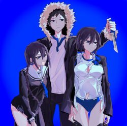 1boy 2girls black_coat black_hair blue_background blue_eyes braid breasts brown_hair cleavage closed_mouth coat collarbone commentary_request durarara!! expressionless fur_trim glasses gugure810 gym_shorts gym_uniform height highres holding holding_knife hood hood_up jacket knife long_hair long_sleeves looking_to_the_side multiple_girls open_clothes open_coat open_mouth orihara_izaya orihara_kururi orihara_mairu pleated_skirt sailor_collar school_uniform shirt short_hair shorts siblings skirt standing thighs torn_clothes twins white_shirt