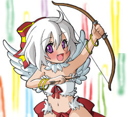 1girl :d ahoge arrow_(projectile) bangle bikini blush bow bow_(weapon) bracelet breasts commentary_request cowboy_shot fang feather_trim feathered_wings holding holding_arrow holding_bow_(weapon) holding_weapon jewelry looking_at_viewer lowres mismatched_bikini monou0135 navel open_mouth ragnarok_online red_bikini red_bow short_hair small_breasts smile solo striped_bow swimsuit wanderer_(ragnarok_online) weapon white_background white_bikini white_hair white_wings wings yellow_bow