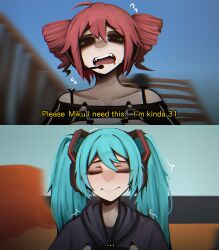 2girls absurdres black_hoodie black_nails closed_eyes closed_mouth controller drill_hair fangs fortnite game_controller hair_between_eyes hatsune_miku headphones highres holding holding_controller holding_game_controller hood hoodie ishowspeed_trying_not_to_laugh_(meme) kasane_teto long_hair meme mikuneki multiple_girls off-shoulder_shirt off_shoulder open_mouth red_eyes red_hair shirt sidelocks smile twin_drills twintails upper_body utau vocaloid