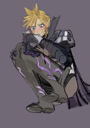 Rule 34 | 1boy, armor, blonde hair, blue eyes, blush, bodystocking, boots, cape, clawed gauntlets, closed mouth, cloud strife, cloud strife (bahamut garb), facial mark, final fantasy, final fantasy vii, final fantasy vii ever crisis, gloves, male focus, official alternate costume, short hair, single shoulder pad, slit pupils, spiked hair, squatting, tangxhzhyf