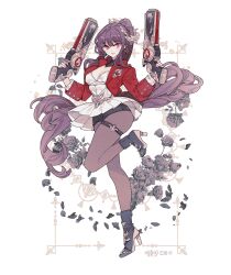 Rule 34 | 1girl, breasts, cleavage, dress, dual wielding, flower, full body, gun, handgun, high heels, highres, holding, holding gun, holding weapon, jacket, lemon89h, long hair, looking at viewer, open clothes, original, pantyhose, red eyes, red jacket, rococo movement, skirt, solo, trigger discipline, very long hair, weapon