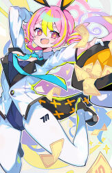 1girl blonde_hair blue_archive blue_leotard breasts fang highres jacket jumping koyuki_(blue_archive) leotard looking_at_viewer multicolored_hair omochishiki open_mouth pantyhose pink_hair skin_fang smile solo two-tone_hair white_jacket white_pantyhose