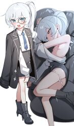 1girl absurdres after_vaginal aftersex artist_request black_boots black_jacket black_skirt blue_eyes blue_necktie boots breasts closed_mouth collared_shirt commission covered_erect_nipples cum cum_in_pussy cumdrip grey_hair highres jacket jacket_on_shoulders long_hair looking_at_viewer monocle multiple_views necktie open_mouth original panties panty_pull second-party_source shirt shirt_tucked_in side_ponytail skirt small_breasts smile standing stow-on-side underwear white_panties white_shirt