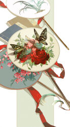 2girls animal_print aqua_skirt book bow-shaped_hair butterfly_print butterfly_wings chinese_clothes commentary_request floral_print flower hair_ribbon hair_rings hand_fan hanfu highres ibuki_satsuki insect_wings long_skirt mini_person minigirl multiple_girls original plant_print red_flower red_ribbon ribbon shuangyaji skirt tassel wings