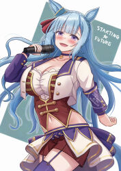 Rule 34 | 1girl, alternate costume, animal ears, blue hair, blush, braid, breasts, cleavage, collar, collarbone, commentary request, crown braid, english text, hair between eyes, hair ornament, highres, horse ears, horse girl, horse tail, large breasts, long hair, looking at viewer, mejiro ardan (umamusume), microphone, midriff, navel, open mouth, rio (lio yuzu), shorts, starting future (umamusume), tail, thighhighs, umamusume, white background