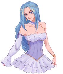 1girl blue_eyes blue_hair breasts cleavage closed_mouth cocoyashin collarbone commentary corset detached_sleeves dress earrings english_commentary eyelashes highres jewelry long_hair looking_at_viewer medium_breasts nefertari_vivi one_piece purple_corset smile solo strapless strapless_dress white_dress white_sleeves