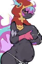 1girl animal_print aqua_hair bikini black_skin blush breasts claws colored_skin cow_print dragon_girl dragon_village_(series) dragon_village_collection embarrassed furry furry_female grabbing_own_breast highres hood hood_up hufy looking_down micro_bikini multicolored_hair navel pink_eyes pink_hair pregnant red_hood seere_(dragon_village) simple_background solo swimsuit white_background wings