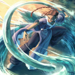1girl amulet avatar:_the_last_airbender avatar_legends bad_deviantart_id bad_id baggy_pants blue_eyes braid breasts brown_hair choker dark-skinned_female dark_skin element_bending eon_forgery female_focus fighting_stance hair_rings hydrokinesis katara long_hair pants signature single_braid solo water wristband