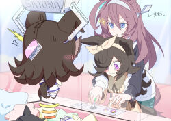 Rule 34 | !?, 2girls, ahoge, animal ears, arrow (symbol), black hair, blue eyes, blush, brown hair, character doll, commentary request, controller, crane game, doll, hair over one eye, hairband, highres, horse ears, horse tail, joystick, kuman bachi, long hair, mihono bourbon (umamusume), multiple girls, purple eyes, rice shower (umamusume), tail, translation request, umamusume, wavy mouth