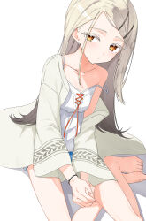 1girl absurdres bare_legs barefoot camisole collarbone colored_eyelashes commentary earrings feet flat_chest gakuen_idolmaster gradient_hair grey_hair highres idolmaster isocha jewelry light_brown_hair long_hair looking_at_viewer multicolored_hair orange_eyes own_hands_together robe shinosawa_hiro simple_background single_bare_shoulder sitting solo strap_slip stud_earrings toes very_long_hair white_background white_camisole white_robe yokozuwari
