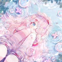 1girl artist_request asymmetrical_legwear blowing_bubbles blue_eyes bubble chestnut_mouth commission day flower flower_hairpin hand_on_own_knee holding long_hair long_sleeves mark_under_eye mismatched_legwear nail_polish no_nose one_eye_covered open_mouth original outdoors pantyhose paw_print pink_flower pink_hair pink_nails pink_sweater reflection reflection_focus ripples second-party_source shoes solo squatting striped_clothes striped_pantyhose sweater very_long_hair water wavy_hair white_pantyhose white_shoes yume_kawaii