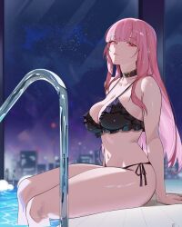 1girl absurdres bare_shoulders bikini black_bikini breasts city_lights cleavage closed_mouth collarbone commentary highres hololive hololive_english large_breasts long_hair looking_at_viewer mori_calliope navel night ninochuu pink_eyes pink_hair pool pool_ladder side-tie_bikini_bottom sitting sky solo star_(sky) starry_sky stomach swimsuit thighs virtual_youtuber
