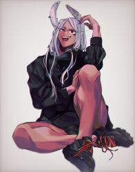 1girl animal_ears black_jacket black_shoes black_shorts boku_no_hero_academia fang full_body gradient_background grey_background half-closed_eye highres jacket knee_up long_eyelashes long_hair long_sleeves mirko mmsb_551 open_mouth rabbit_ears rabbit_girl red_eyes shoes shorts sitting sneakers solo white_hair