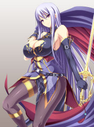 1girl bare_shoulders breasts cleavage cleavage_cutout clothing_cutout elbow_gloves female_focus gloves highres large_breasts legs long_hair looking_at_viewer nanakorobi_yaoki pantyhose purple_eyes purple_hair sangoku_hime simple_background smile solo sonsaku_(sangoku_hime) sun_ce sword thighs weapon
