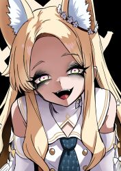1girl animal_ear_fluff animal_ears black_background blonde_hair blue_archive character_request commentary_request detached_sleeves fangs gradient_eyes halo highres long_eyelashes looking_at_viewer multicolored_eyes nagainegi necktie open_mouth solo