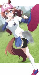 1girl :d absurdres alternate_costume animal_ears bike_shorts_under_skirt blue_eyes blue_skirt brown_hair commission dirty dirty_clothes dutch_angle ears_through_headwear hair_between_eyes hat highres horse_ears horse_girl horse_tail leg_up long_hair long_sleeves looking_at_viewer multicolored_hair nel-c open_mouth pink_hat pleated_skirt ponytail purple_shoes shirt shoes skirt smile sneakers socks soles solo streaked_hair tail tokai_teio_(umamusume) two-tone_hair umamusume unworn_shoes upskirt variant_set white_hair white_shirt white_socks